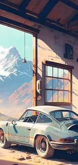 Vintage car parked in a mountain garage with scenic view.