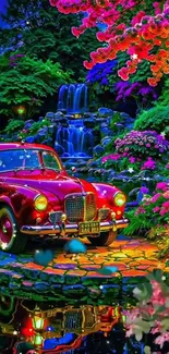 Vintage car in a vibrant mystical garden.