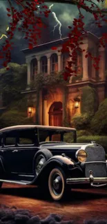 Vintage car in front of mysterious mansion with dramatic red foliage.