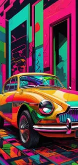 Neon-colored vintage car with geometric background, perfect for mobile wallpaper.