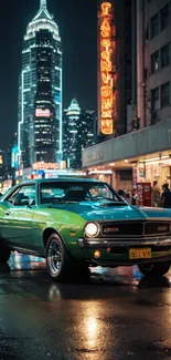 A vintage green muscle car parked in a neon-lit city street at night.