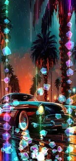 Vintage car under neon lights in a rainy palm-lined street.