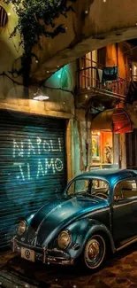 Vintage Volkswagen Beetle under street lights at night.