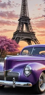 Vintage purple car with Eiffel Tower at sunset in Paris.