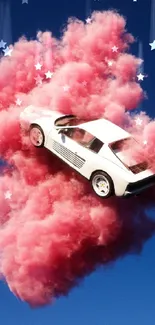 White vintage car floating in pink clouds against a blue sky.