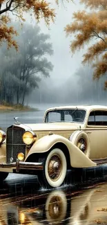 Vintage car on a rainy autumn day, capturing elegance and nostalgia.