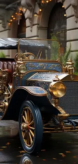 Vintage blue car with gold details on a rainy street.