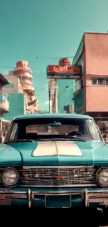 Vintage car on colorful urban street with retro buildings.