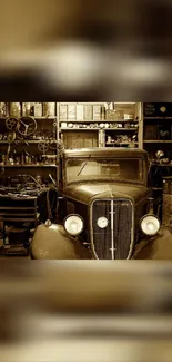 Vintage car in a sepia-toned rustic garage setting.