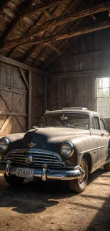 Vintage car parked in a rustic wooden garage with sunlit ambiance.