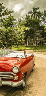 Vintage red convertible in lush scenic landscape.