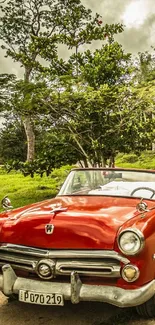 Vintage red car on a scenic countryside road amidst lush greenery and a cloudy sky.