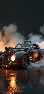 Vintage car enveloped in dramatic smoke.