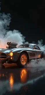 Vintage car with smoke at night, reflecting light.