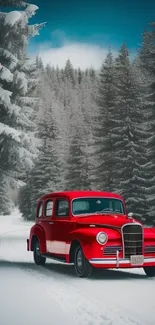 Red vintage car driving in snowy forest scene.