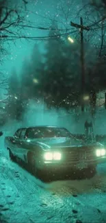 Vintage car driving through snowy forest at night with teal illumination.