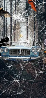 Vintage car in a spooky forest with bats and cracked glass effects.