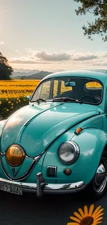 A vintage car parked by a sunflower field under a sunny sky.