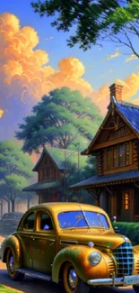 Vintage car in a scenic sunset street with rustic houses and fluffy clouds.