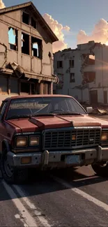 Vintage car at sunset with abandoned buildings in the background.