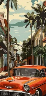 Retro car on a colorful tropical street at dusk.