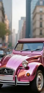 A vintage pink car on a bustling city street.