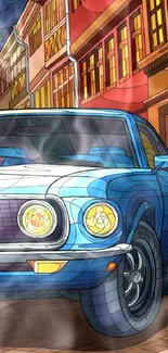 Blue vintage car in vibrant urban street art scene.