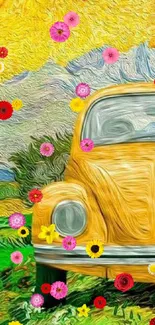 Vintage yellow car in Van Gogh style landscape painting.