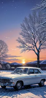 A vintage car parked in a snowy landscape during a colorful winter sunset.