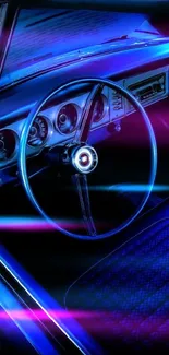 Vintage car interior with blue neon lighting and steering wheel.