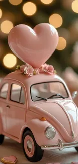 Pink vintage car with heart decoration wallpaper.