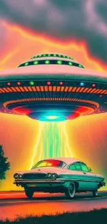 A vintage car beneath a vibrant UFO with neon lighting.