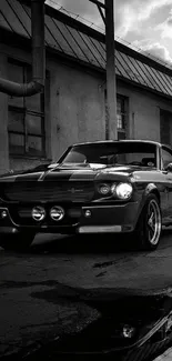 Vintage car in a monochrome industrial setting.