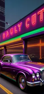 Vintage car with neon lights in urban night scene wallpaper.