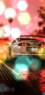 Classic car driving on a rainy city street at night with reflections.