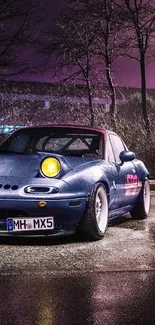 Retro car under purple night sky in urban setting.