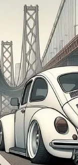 Vintage car art crossing a detailed bridge in a scenic cityscape.