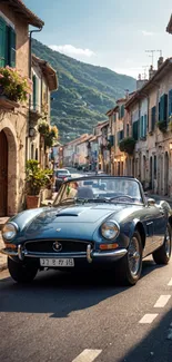 Vintage convertible parked on a charming European street under a clear sky.