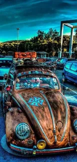 Colorful vintage car parked in a busy lot scene.