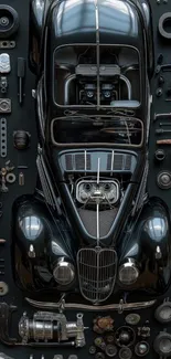 Vintage car surrounded by mechanical parts