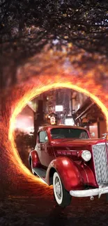 Vintage car emerges from fiery portal in mystical forest wallpaper.