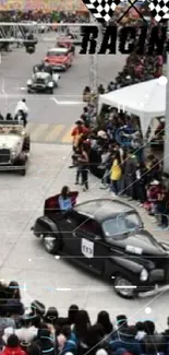 Crowded vintage car race with spectators.