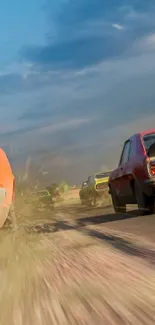 Classic cars racing in desert setting with dust trails and blue sky.