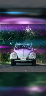 Vintage car on scenic road with colorful purple and teal light effects.