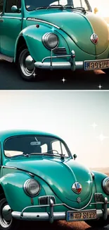 Vintage teal car on a scenic road at sunset in a retro wallpaper design.