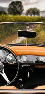 Vintage car dashboard with scenic green view on road.