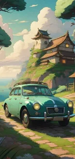 Vintage car on a scenic road with a Japanese house and ocean view.