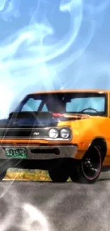 Vintage yellow car with smoke on a blue sky background.