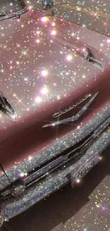 A sparkling vintage car design with a pink glittery aesthetic background.