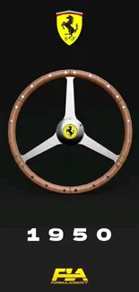 Vintage steering wheel with emblem on black background.